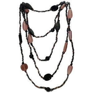 Vintage Pink Black multi 5 Tier Chic Beaded Silver Tone Layered Necklace 24”